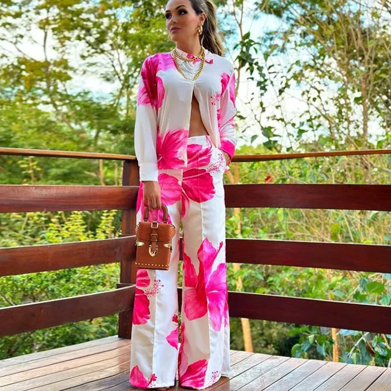 Elegant Button Shirts and Wide Leg Pants Sets women Casual Long Sleeve Loose Suit Office Spring Floral Print Two Piece Outfits