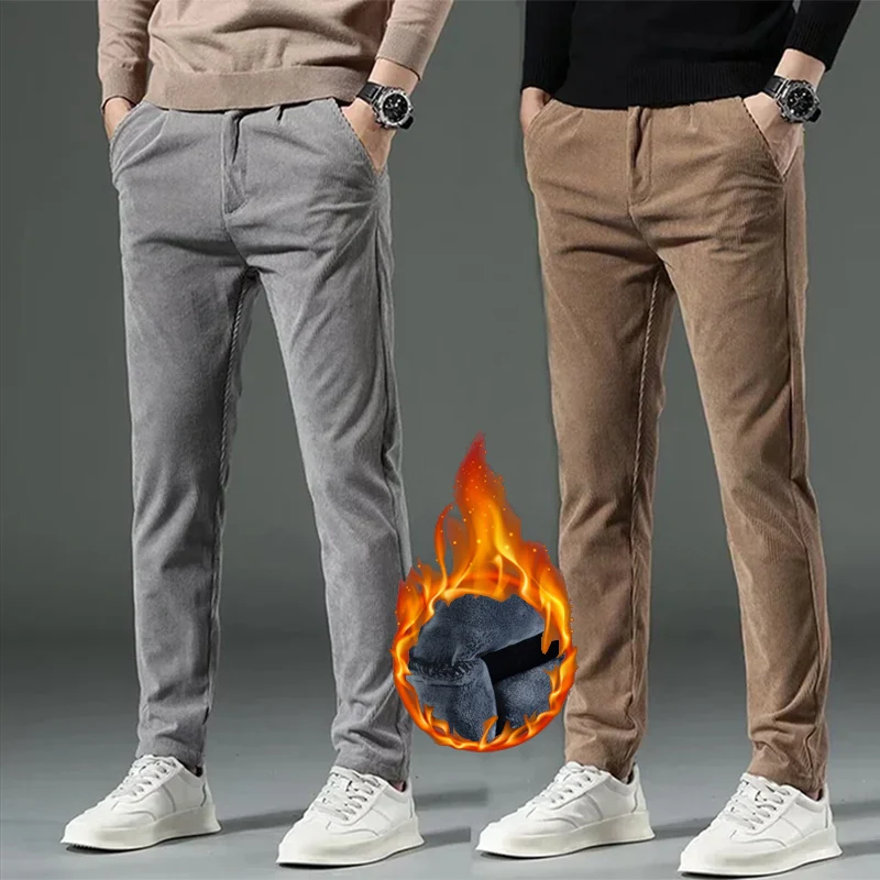 

Men Snow Warm Plush Fleece Baggy Straight Leg Blazer Pants Fashion Winter Thermal Corduroy Pants Men Casual Coffee Trousers