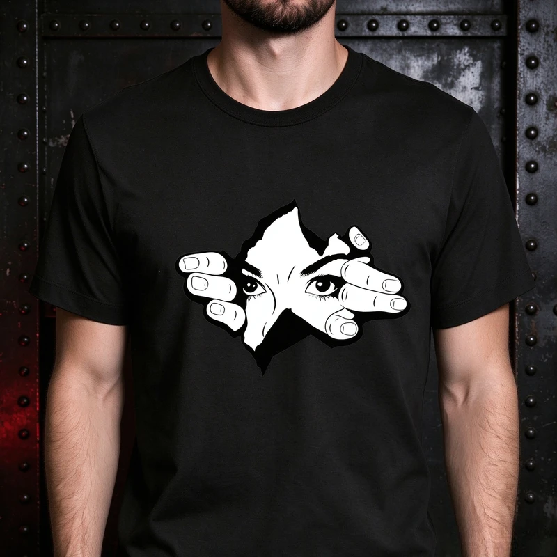 Unisex Funny Peeking Eyes Graphic T Shirt Black White Rip Paper Print Casual Short Sleeve Tee Cotton Hip Hop Streetwear Y2k Top