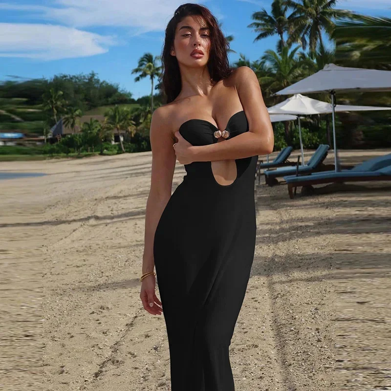 Sexy Metall knopf träger los rücken frei langes Kleid 2024 elegant schulter frei schlank aushöhlen weiße Strand kleider Urlaub Outfits