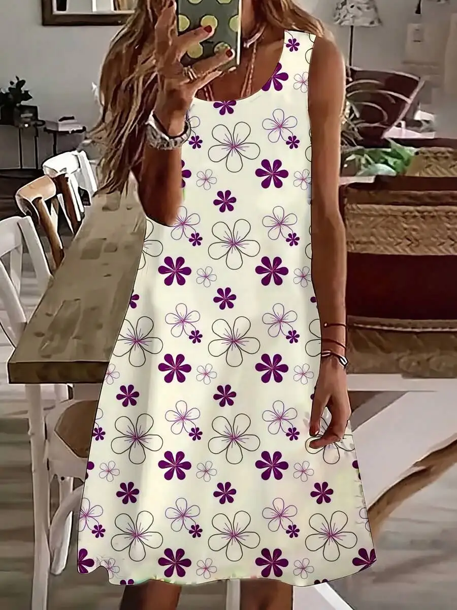 

Women Sleeveless Floral Print Dress Purple White Summer Beach Vacation