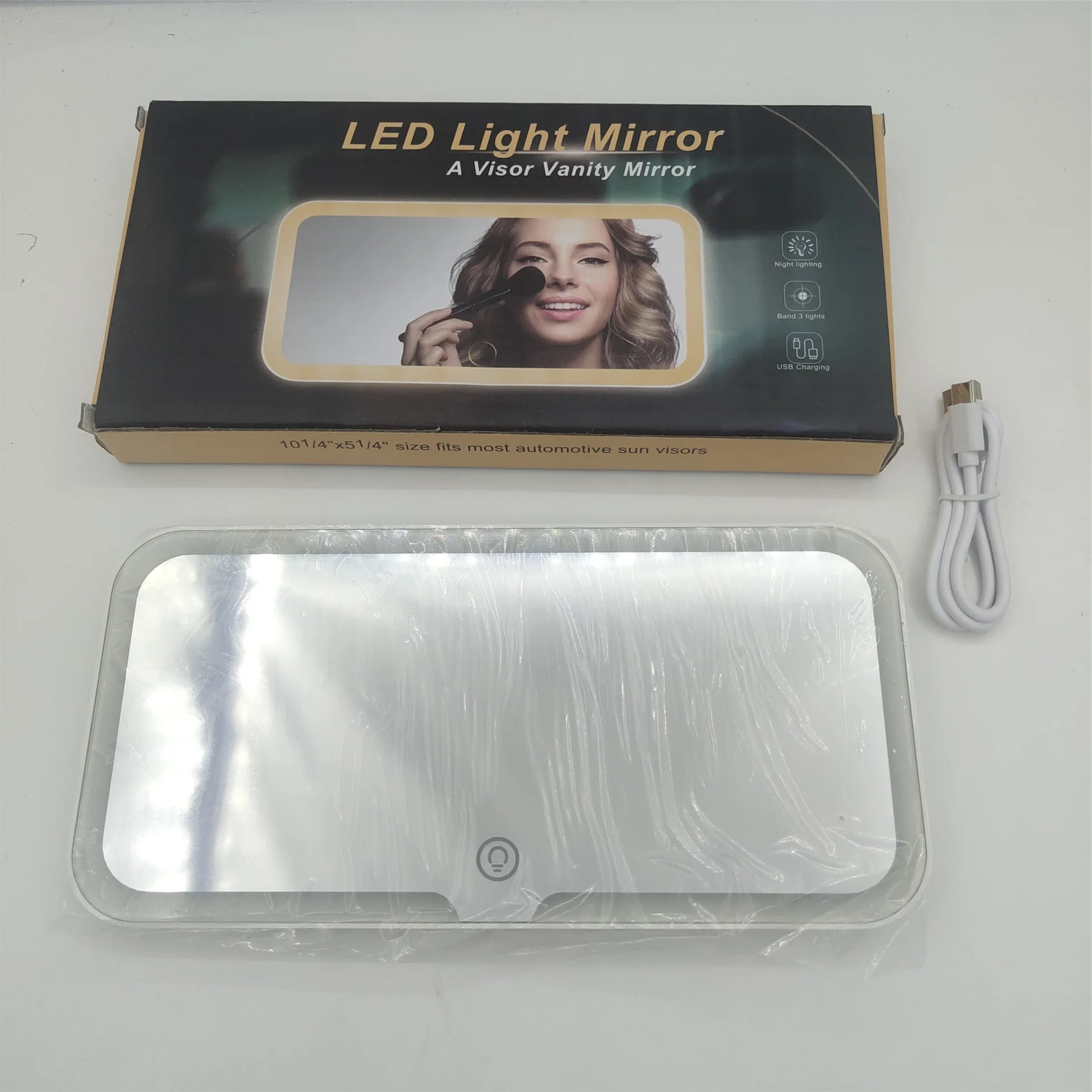 Espelho de vaidade da viseira do carro com luz led, tela de toque regulável, carregamento usb, espelho de maquiagem da bateria recarregável para o carro, 3 cores