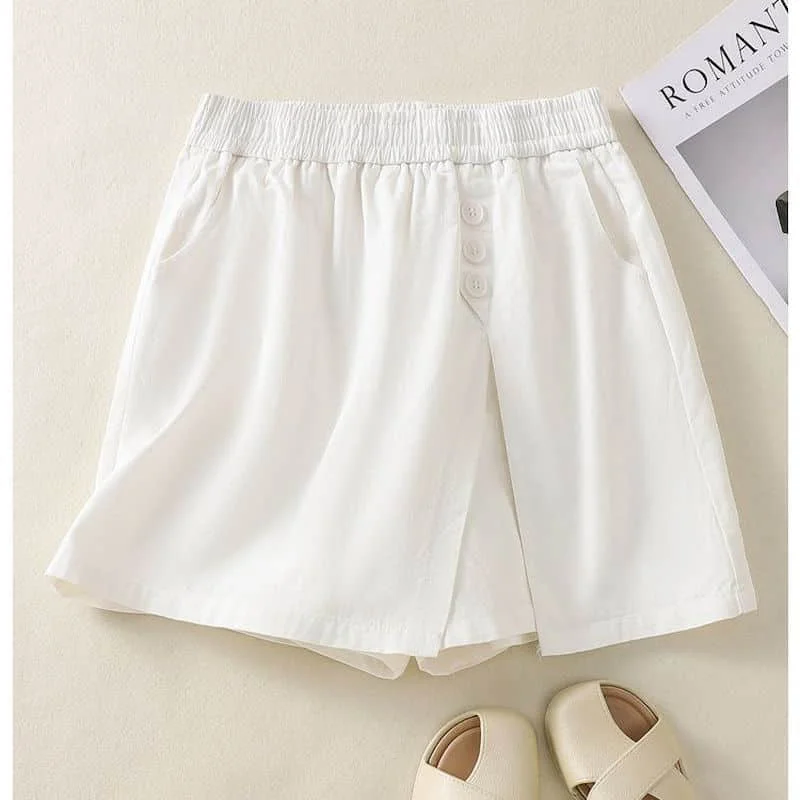 Solid Shorts Women Casual Loose Wide Leg Shorts Safari Style Fake Two Pieces Elastic Waist Culottes Streetwear Women Clothing