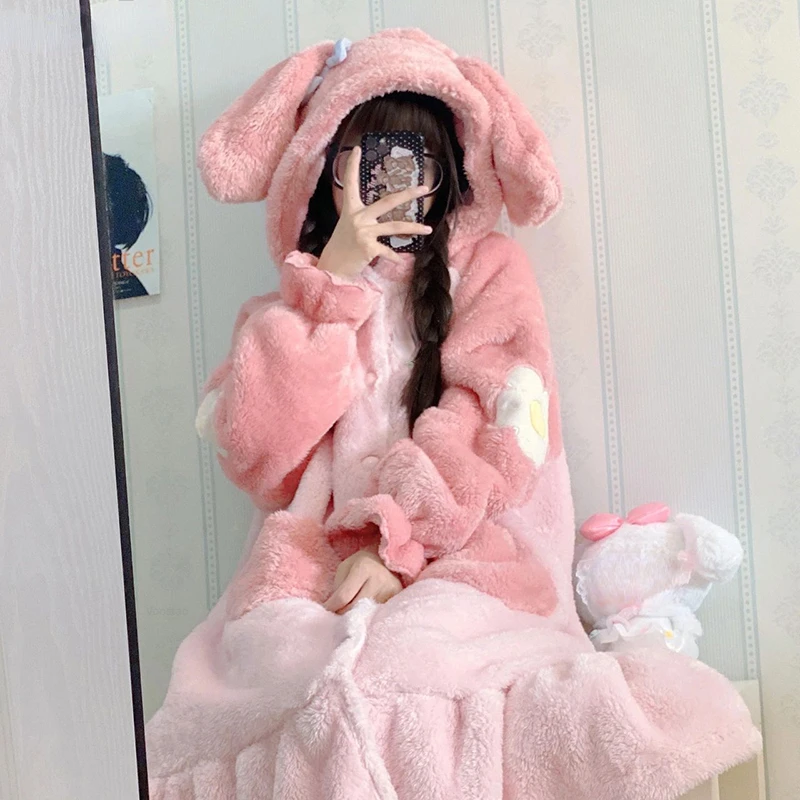 

Autumn Winter Kawaii Cartoon Lolita Pajamas Women Warm Long Ears Hooded Robe Coral Fleece Nightdress Girl Home Clothes Nightgown