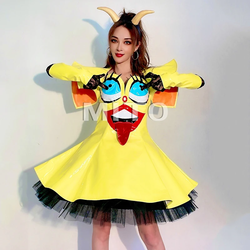 Halloween drôle Performance robe femmes jaune pôle danse robe de soirée Bar discothèque DJ scène Jazz danse Festival tenue XS10492