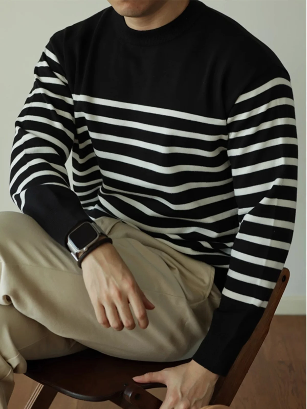 

Retro Striped Knit irt Long Sve round Ne Casual Inner Wear Top for Men Youth Vitali Sle Autumn Faion ential