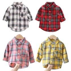 Spring Fall Kids Clothes Cotton Plaid Long Sleeve Letter Print Shirts Toddler Children Retro Classic Designed Versatile Top Coat