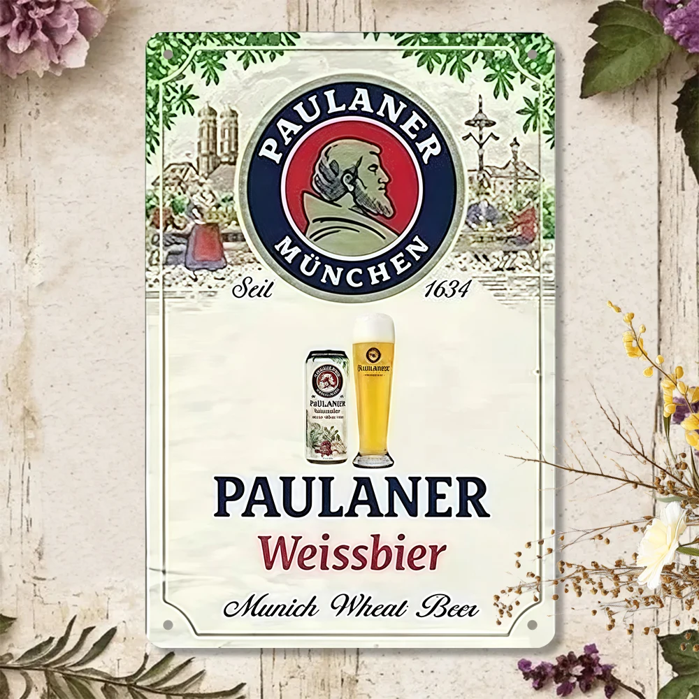 1 pieza Letrero de aluminio plano 2D Paulaner Munchen Weissbier, decoración de pared metálica retro de cerveza alemana para el hogar, bar, pub, man cave, garaje