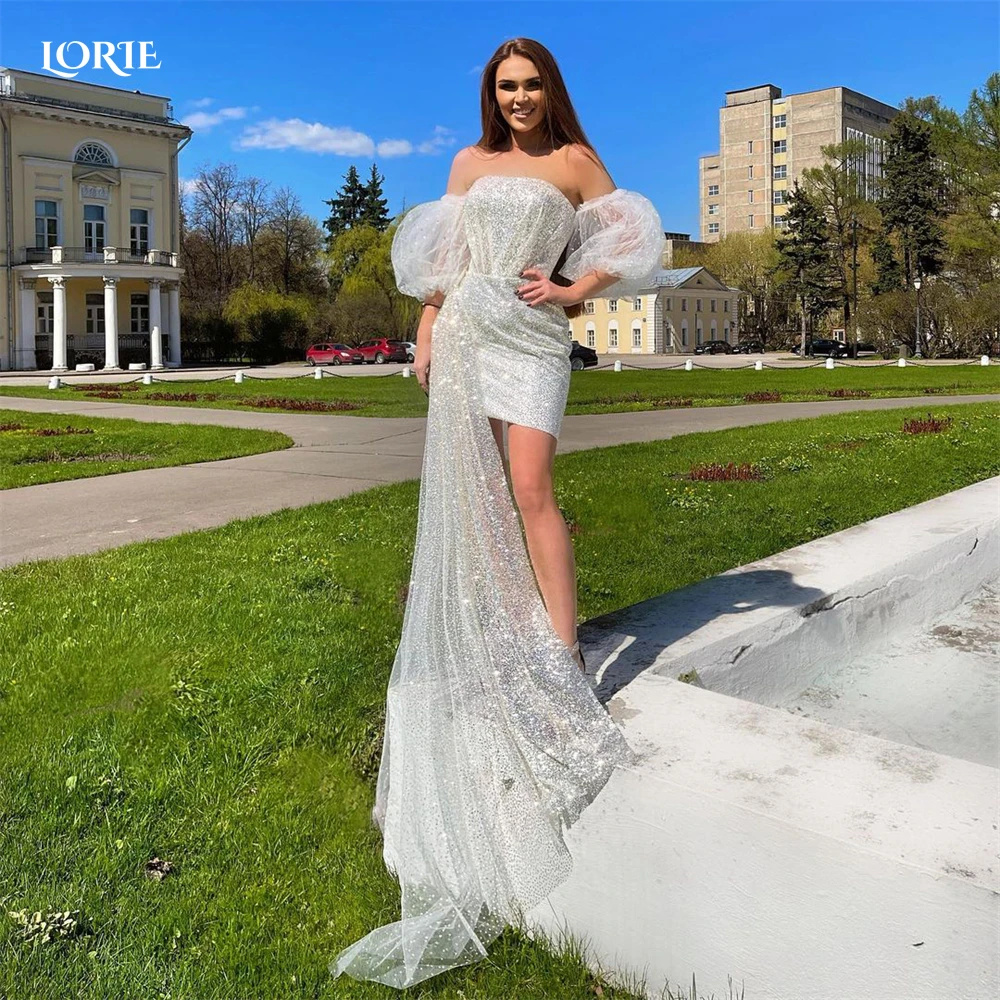 

LORIE Glitter Mini Wedding Dresses Off Shoulder Detachable Shiny Puff Sleeves Strapless Bridal Gowns Sparkly Train Bride Dress