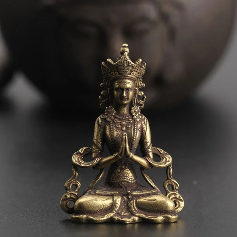 1Pc Retro Brass Meditate Zen Buddhism Household Buddha Ornament Living Room Handmade Decoration Copper Statue Tea House Ornament