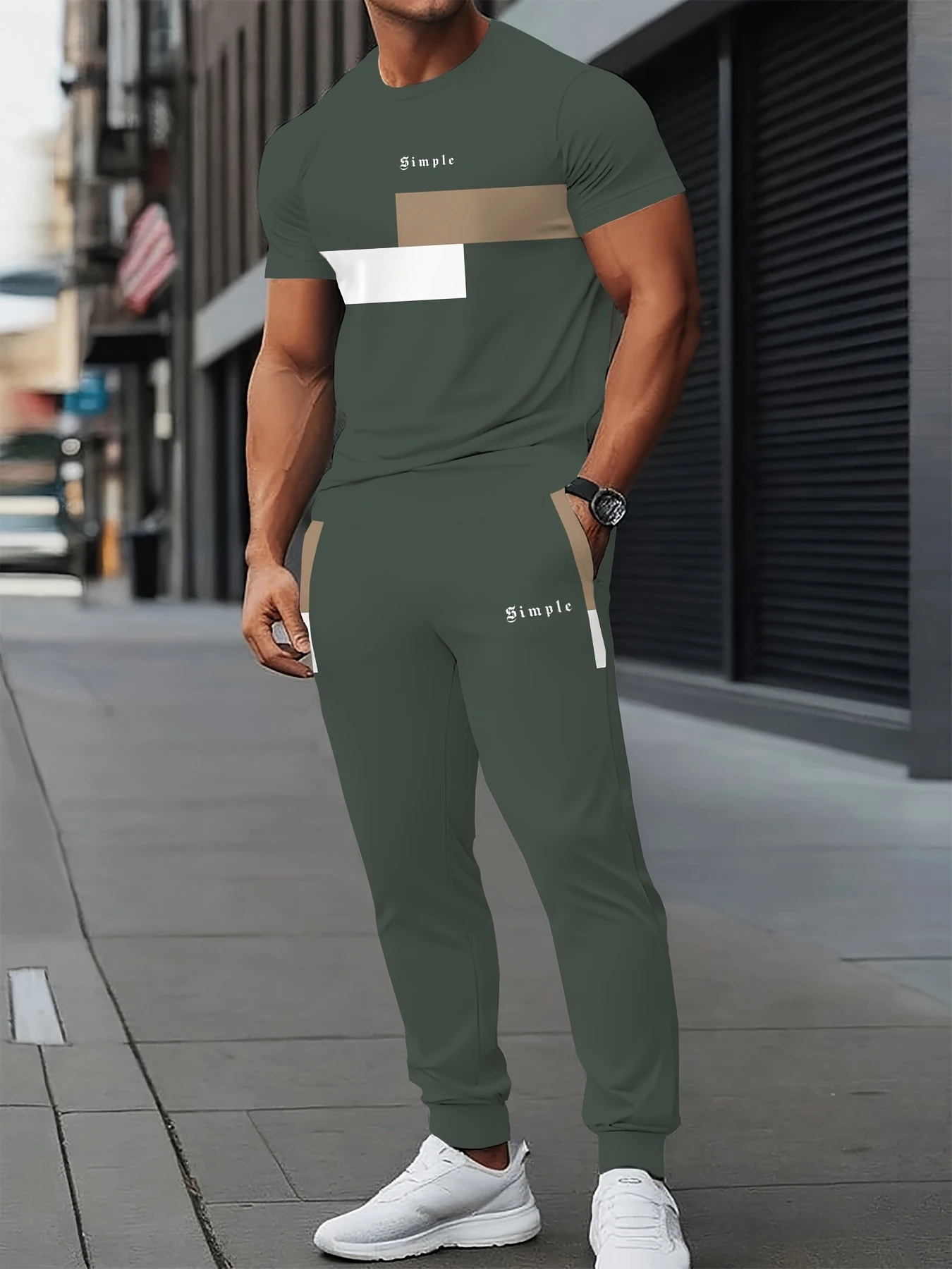

Men's 2025 Autumn Splicing Letter 3D Printed Pattern Breathable Quick Drying Top Trendy Soft Top Street Round Neck T-shirt Set