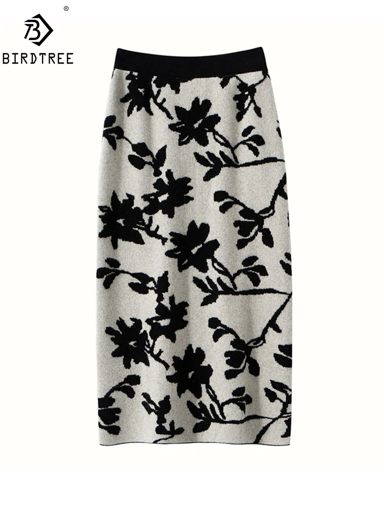 

BirdTree, 12G Cashmere Wool Elegant Skirts, Women High Waist Jacquard, Vintage Fashion Skirt, 2024 Autumn Winter New B48510QM