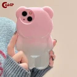 Ins Cute 3D Aurora Cartoon Bear Pink Case For iPhone 11 12 13 14 15 Pro Max 15 Plus Colorful Laser Rainbow Gradient Soft Cover