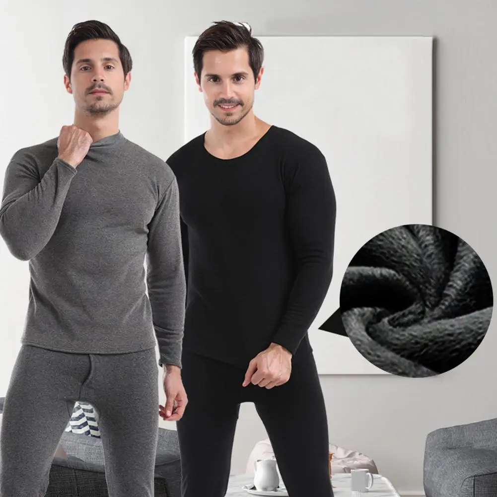 Winter Men Thermal Underwear Set Soft Cotton Fleece-lined Warm Panels Long Top & Bottom Set Thermo Clothing Pajamas