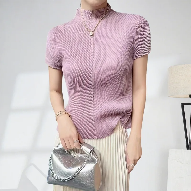 

Miyake Summer New Stand-up Collar Solid Color Pleated Blouse Hundred Short-sleeved T-shirt Female Simple Stretch Commuter Women
