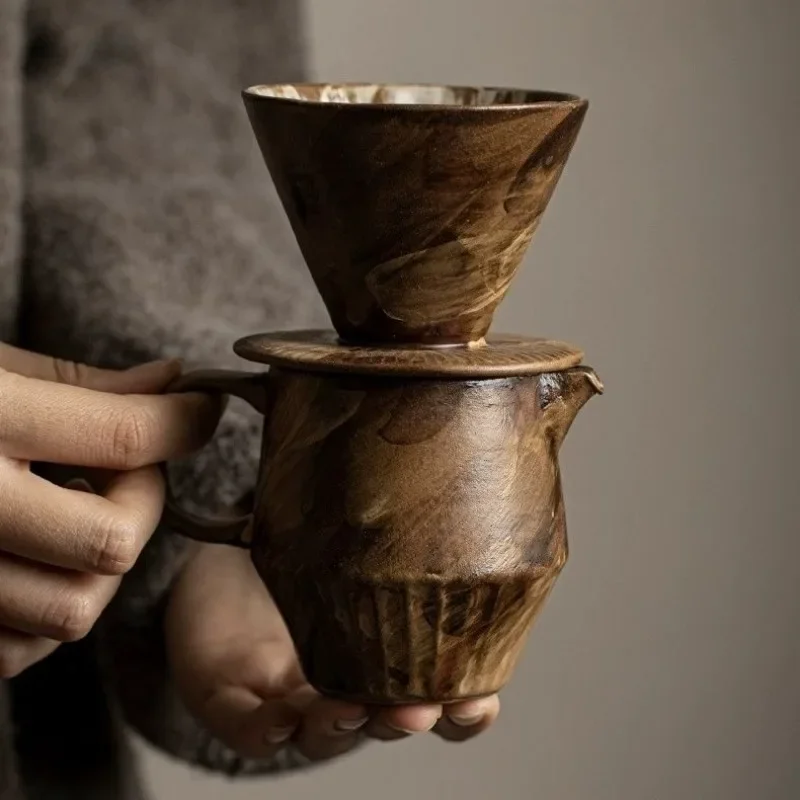 Handmade Powder Hand Drawn Coffee Pot Set Household Ceramic Filter Sharing Pot Coffee Utensil Filter Cup Set
