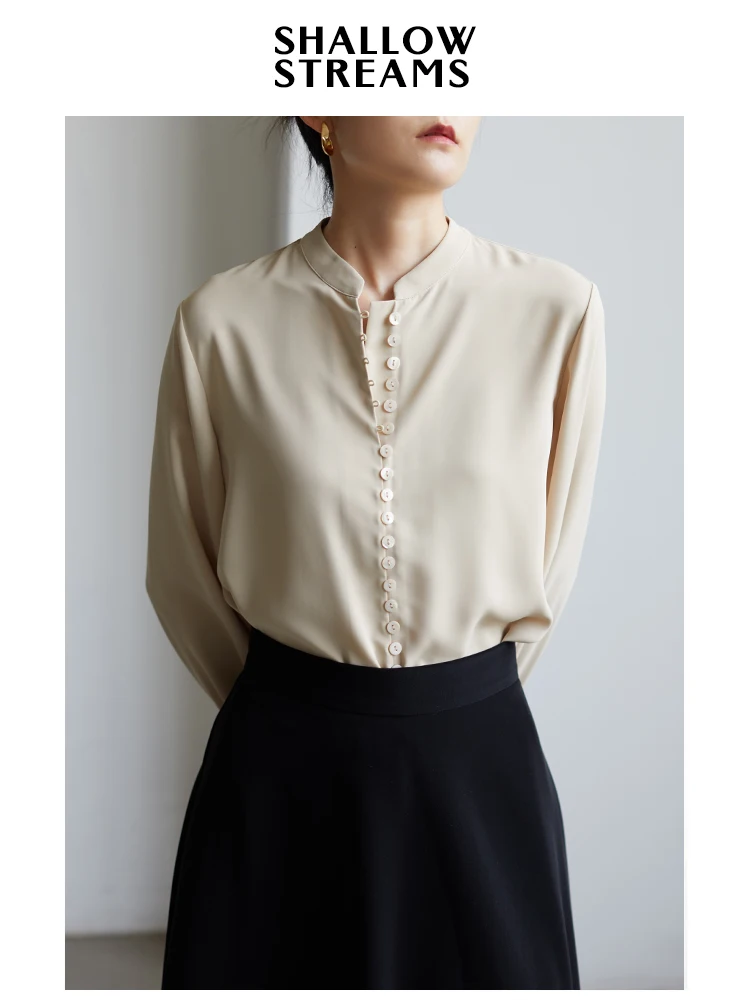 

Женская рубашка Shallow Streams с множеством пуговиц, элегантный дизайн для повседневной носки, весна-осень, однотонная, с воротником-стойкой, длинный рукав, свободный крой.