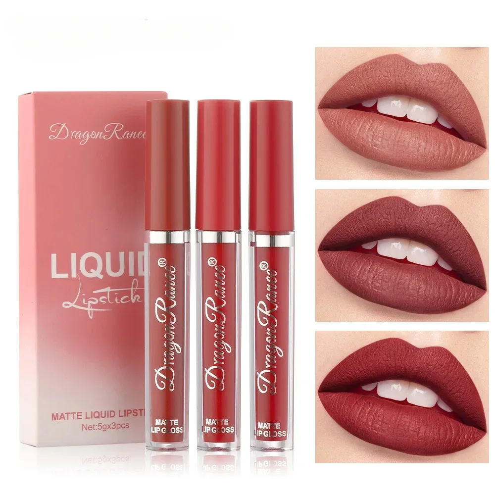 3 Pack Set with Lip Gloss Velvet Matte Lipstick, Small Orange Milk Tea, Bean Paste Color Lip Gloss