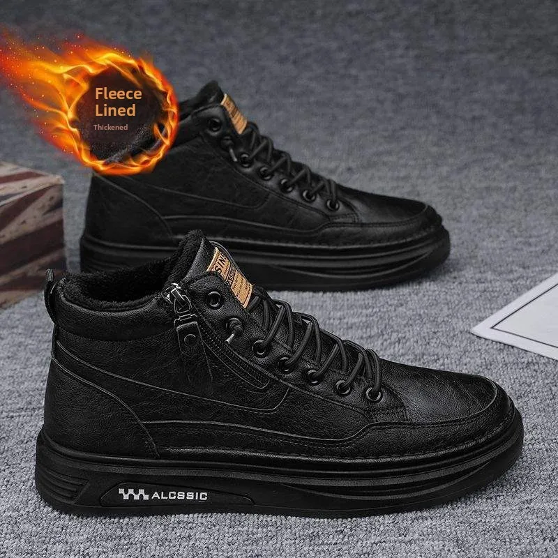

Мужская зимняя водонепроницаемая спортивная обувь с высоким берцем на флисовой подкладке, теплая повседневная кожаная обувь, лоферы без шнуровки, противоскользящая резиновая подошва
