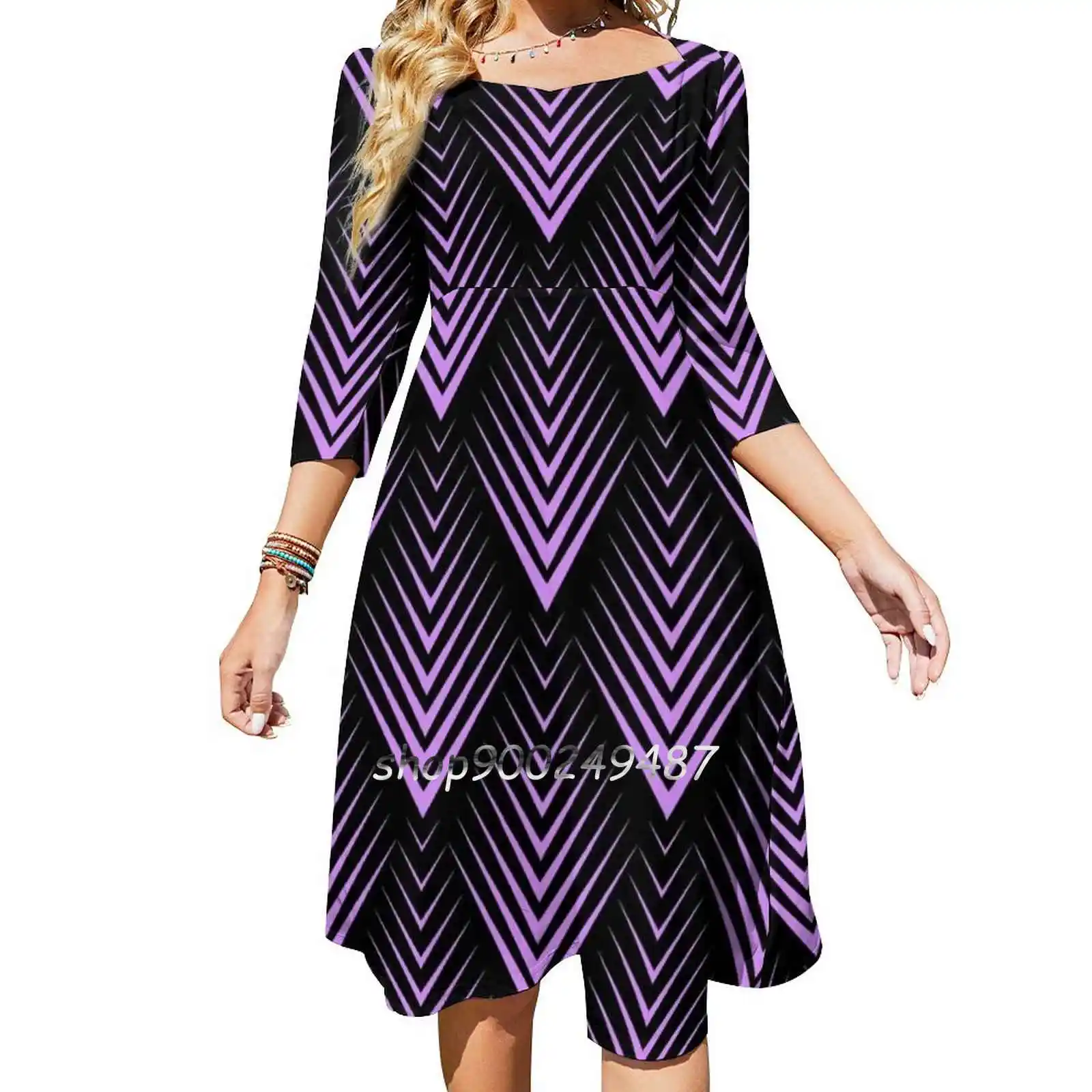 Purple And Black Art-Deco Pattern Square Neck Dress Sweet Summer Dress Women Elegant Halter Print Dress Art Purple Black