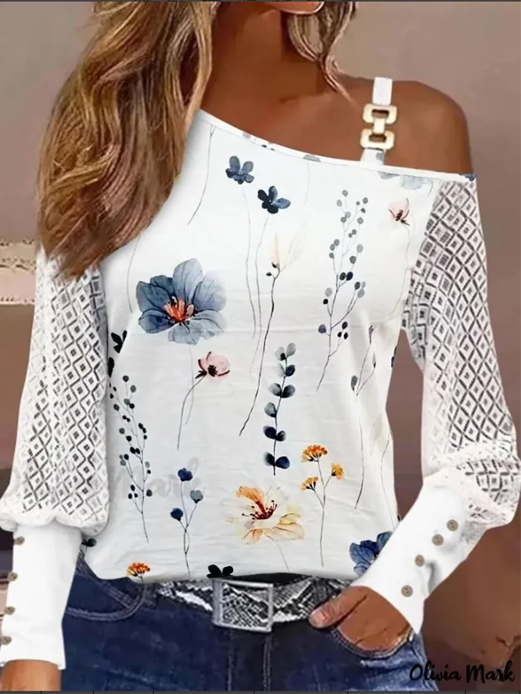 Elegant Floral Print Long Sleeved Tops Women's Button Semi Transparent Lace Shirts Off Shoulder Casual Spring T-shirt