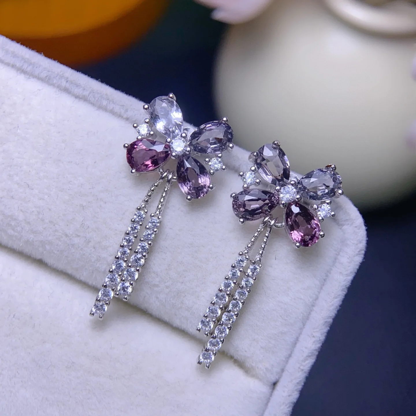 Natural Spinel Stud Earrings, S925 Silver Spring Floral Tassel Dangle, Elegant Gemstone Jewelry Gift for Women