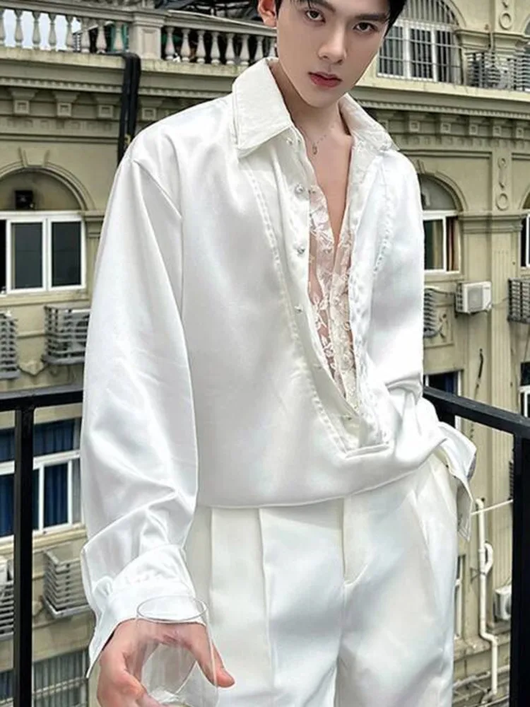 Men's Satin Lace Patchwork White Shirt Loose Casual Niche Turn Down Collar Pullover Bloouse Tops Fashion NGIQ6