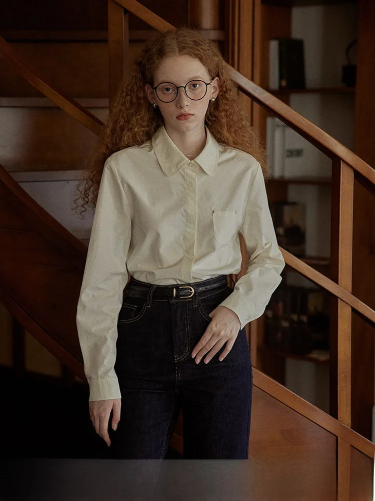 

C.PAIA Retro Long Sve irt Women's Small Size Button up White Contrast Color Knot Vintage Sle Cotton Lyocell Blend Top