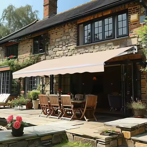 12x10ft Manual Retractable Awning, Outdoor Sun Shade for Patio, Deck, Garden, Beige