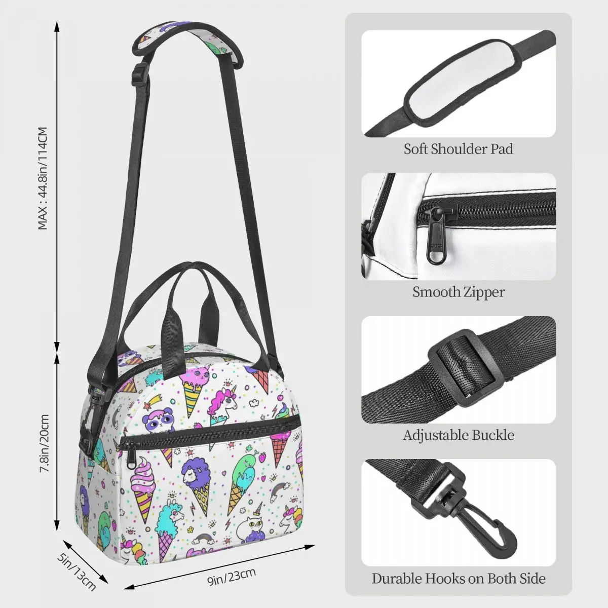 Ice Cream Unicorn Lunch Bags Insulated Bento Box Portable Lunch Tote Resuable Picnic Bags Thermal Bag for Woman Student Office