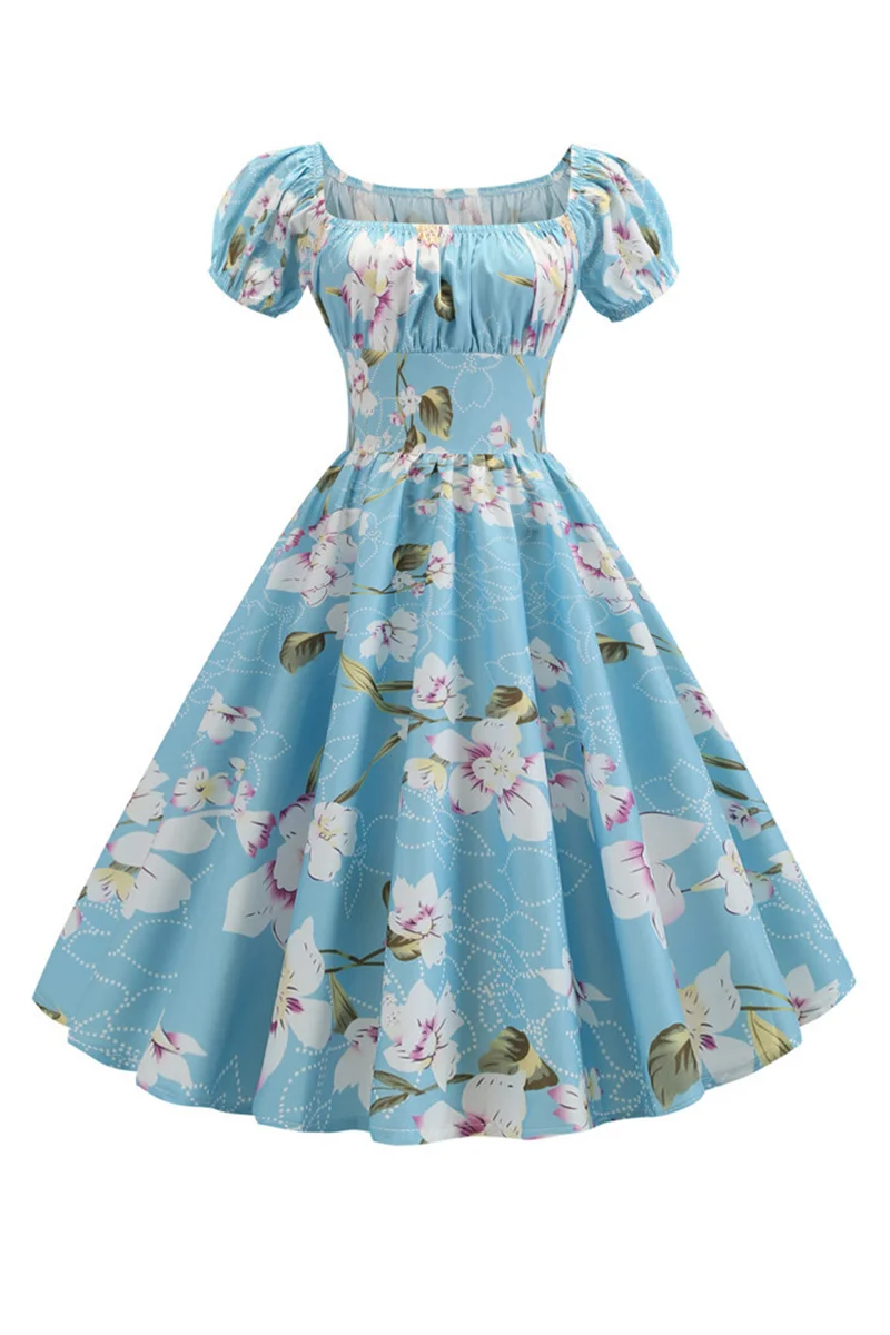 

Summer Dress Women 2024 Square Neck Big Swing Vintage Dress Robe Femme Elegant Retro All Over Print A-Line Midi Dresses Hot