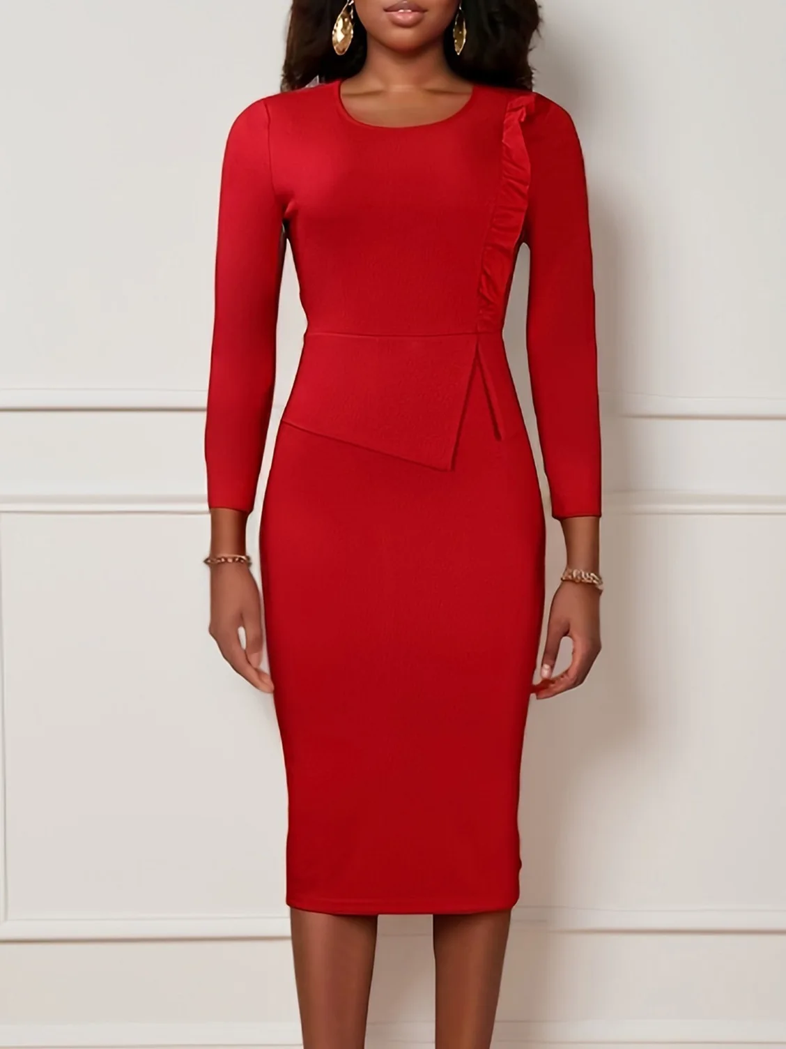 

Fashion big size 2024 new women's dress wooden ear edge solid color round neck cover buttock office commuter dress