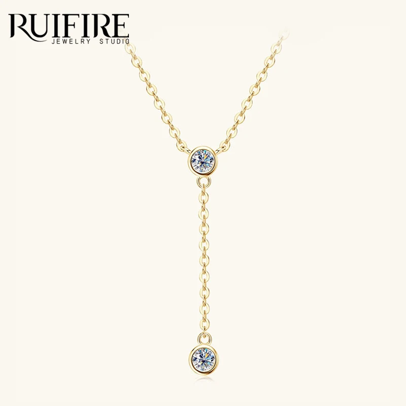 

RUIFIRE 14K Gold Plated S925 Sterling Silver Y Shaped Moissanite Necklace Double Round Pendant Chain Necklaces For Jewelry Gift
