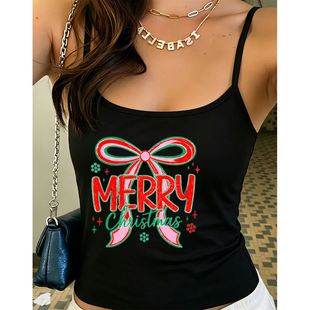 Women Festive Bow Camisole Winter Tank Top Red Green Ribbon Print Sleeveless Casual Tops for Girls Gift Seasonal Wear