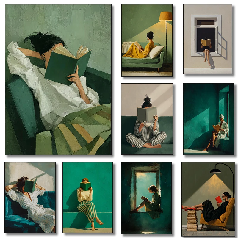 Vintage Emerald Green Bookish Woman Reading Posters Book Lover Office Prints Canvas Painting Wall Art Pictures Home Room Decor