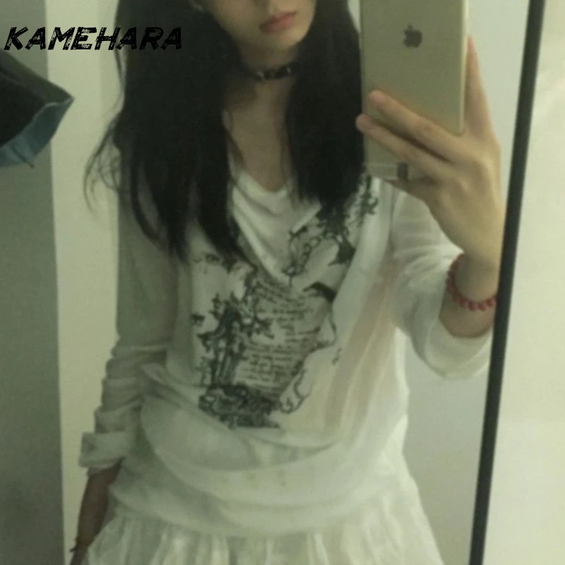 

KAMEHARA Shirts Graphic Tee Long Sleeve Loose T-shirt Slightly Transparent Thin T Shirt Y2K See Through Top Women Korean Fashion