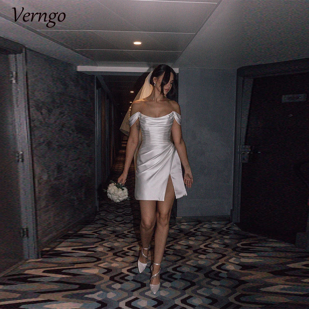 Verngo Short Simple Mermaid Wedding Dresses Off Shoulder Strapless Bridals Gown Satin Ruched Mini Bride Dress Robes De Soirée ﻿