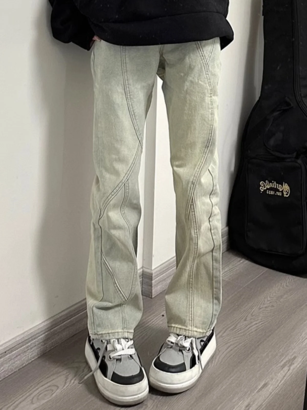 

American Washed Mud Dye Men's Jeans Autumn Winter New Style High Street Vibe Wind Patchwork Straight Leg Slimming Flared Pants