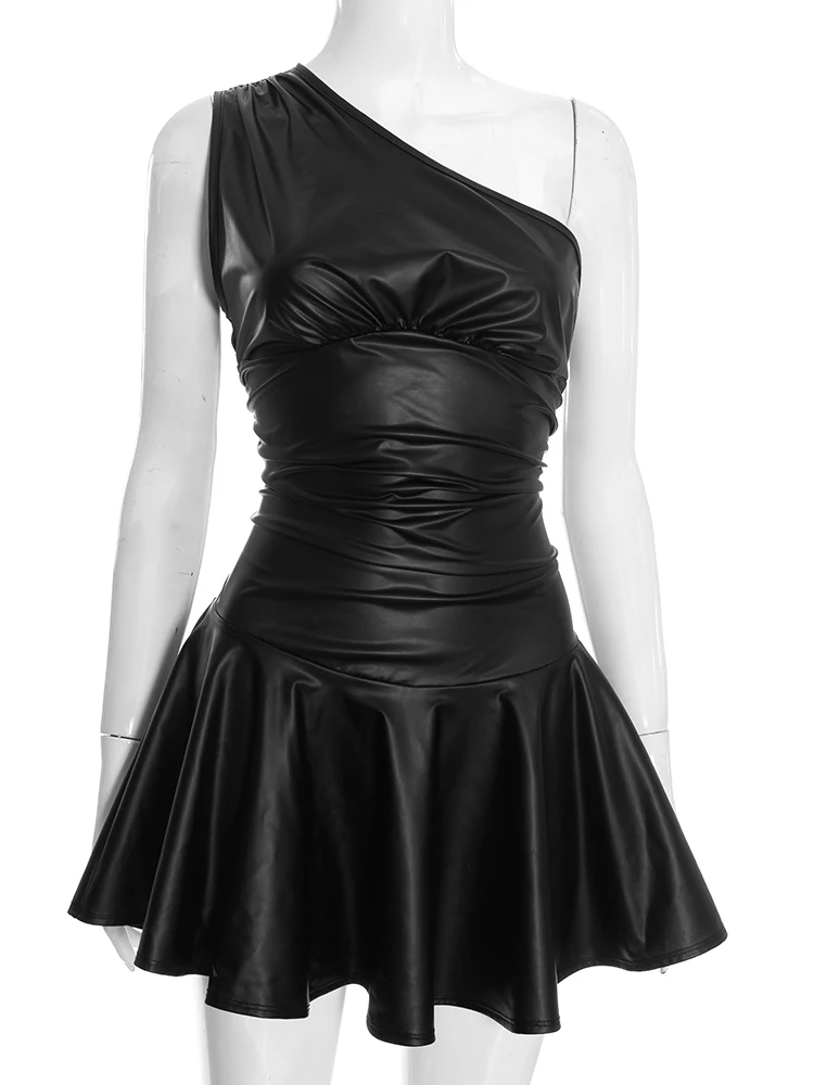 فستان منتصف الليل مثير غريب للنساء بكتف واحد وياقة منحرفة بدون أكمام مكشكش هوتي محب قابل للتمدد ملابس نادي الشارع النحيفة #6