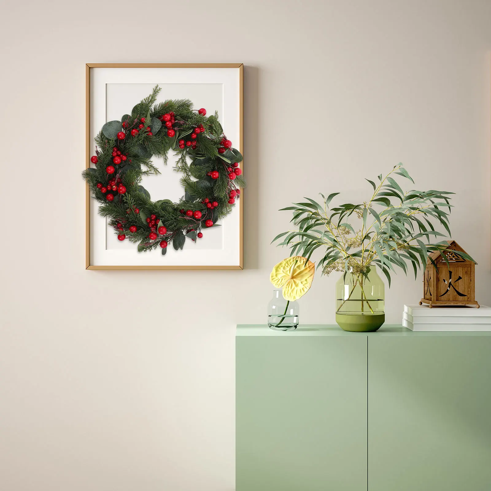 พวงหรีดใบยูคาลิปตัสสีแดง 1 ชิ้น ของตกแต่งคริสต์มาสแบบแขวนสำหรับประตู ผนัง งานปาร์ตี้เทศกาลคริสต์มาส