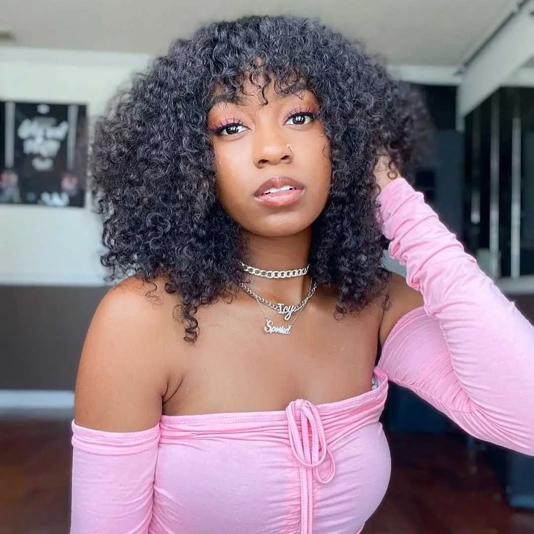 Malasyian Kinky Curly Full Machine Made Wigs 100% Human Hair Afro Curly Short Bob Wigs With Bangs For Black Women Cheap Price