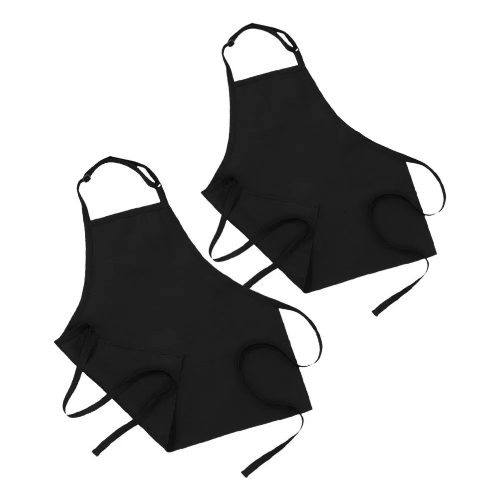 

2pcs Chef Women Adjustable Kitchen Apron With Pockets Bbq Restaurant Use Sturdy Polyester Easy Clean Black Apron Servers