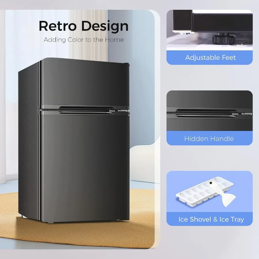 Compact Mini Fridge with Freezer 3.2 Cu.Ft Double Door Design for Home Kitchen Dorm Apartment - Adjustable Temperature Control