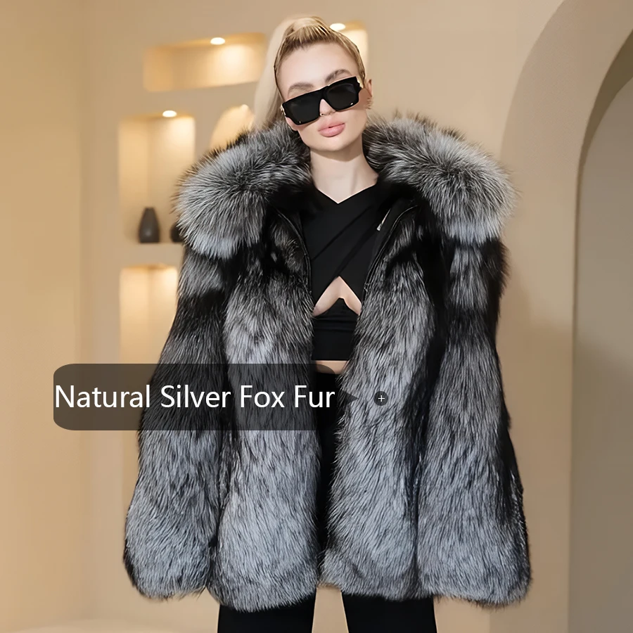 Natural Fox Fur Jacket With Shawl Collar Silver Fox Fur Jackets Women 2024 Winter Warm High Quality Fur Coat Womens