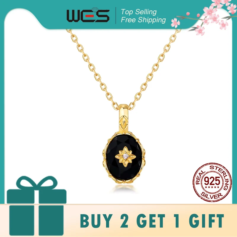 

WES стерлингового серебра 925 пробы винтажное ожерелье с подвеской из драгоценных камней для женщин натуральный черный агат 6*8 мм свадебный подарок позолоченный оптовая продажа