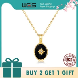 WES 925 Sterling Silver Vintage Gemstone Pendant Necklace for Woman Natural Black Agate 6*8mm Wedding Gift Gold Plated Wholesale