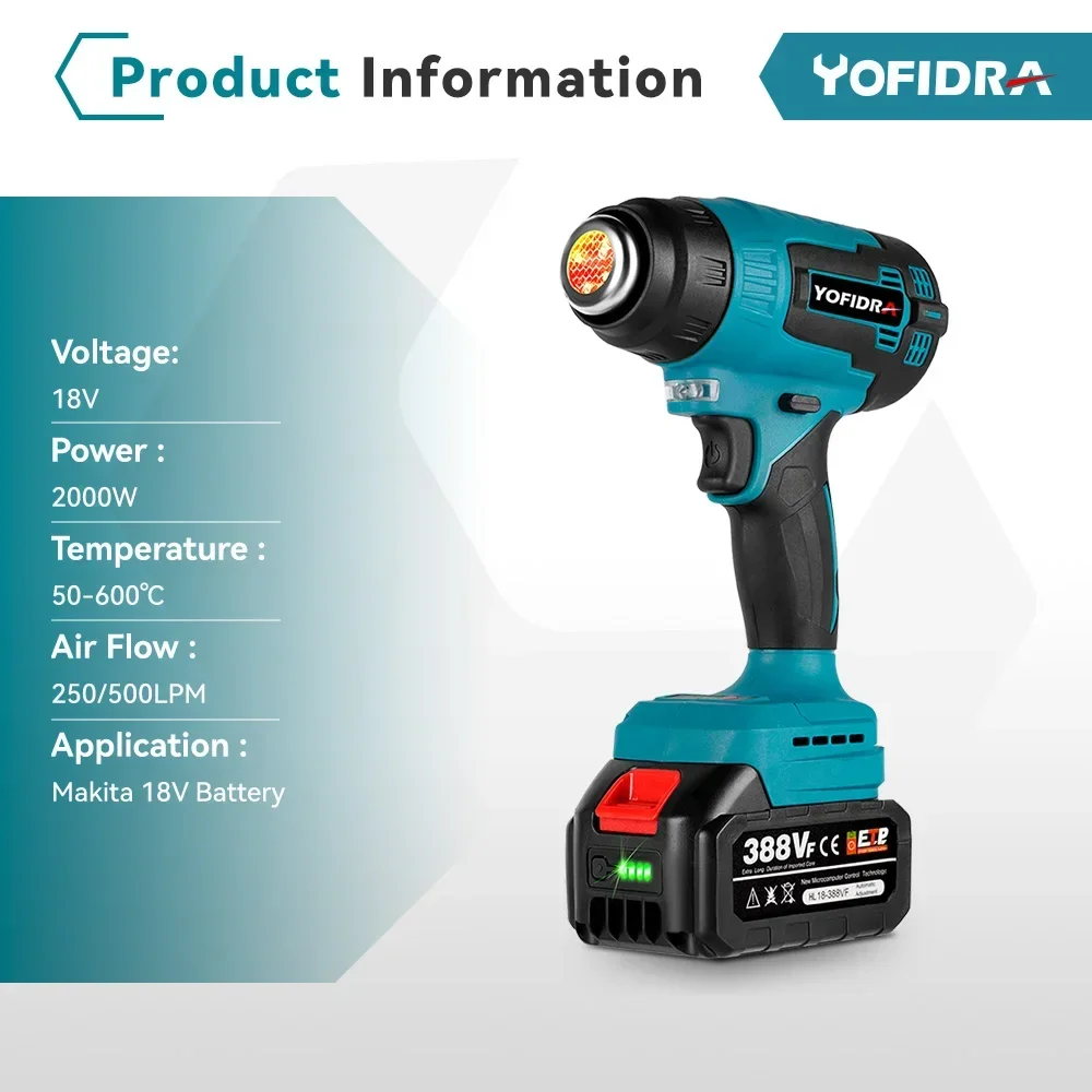 YOFIDRA 2000W Electric Heat Gun for Makita 18V Battery Cordless Handheld Hot Air Gun with 3 Nozzles Industrial Home Hair Dryer