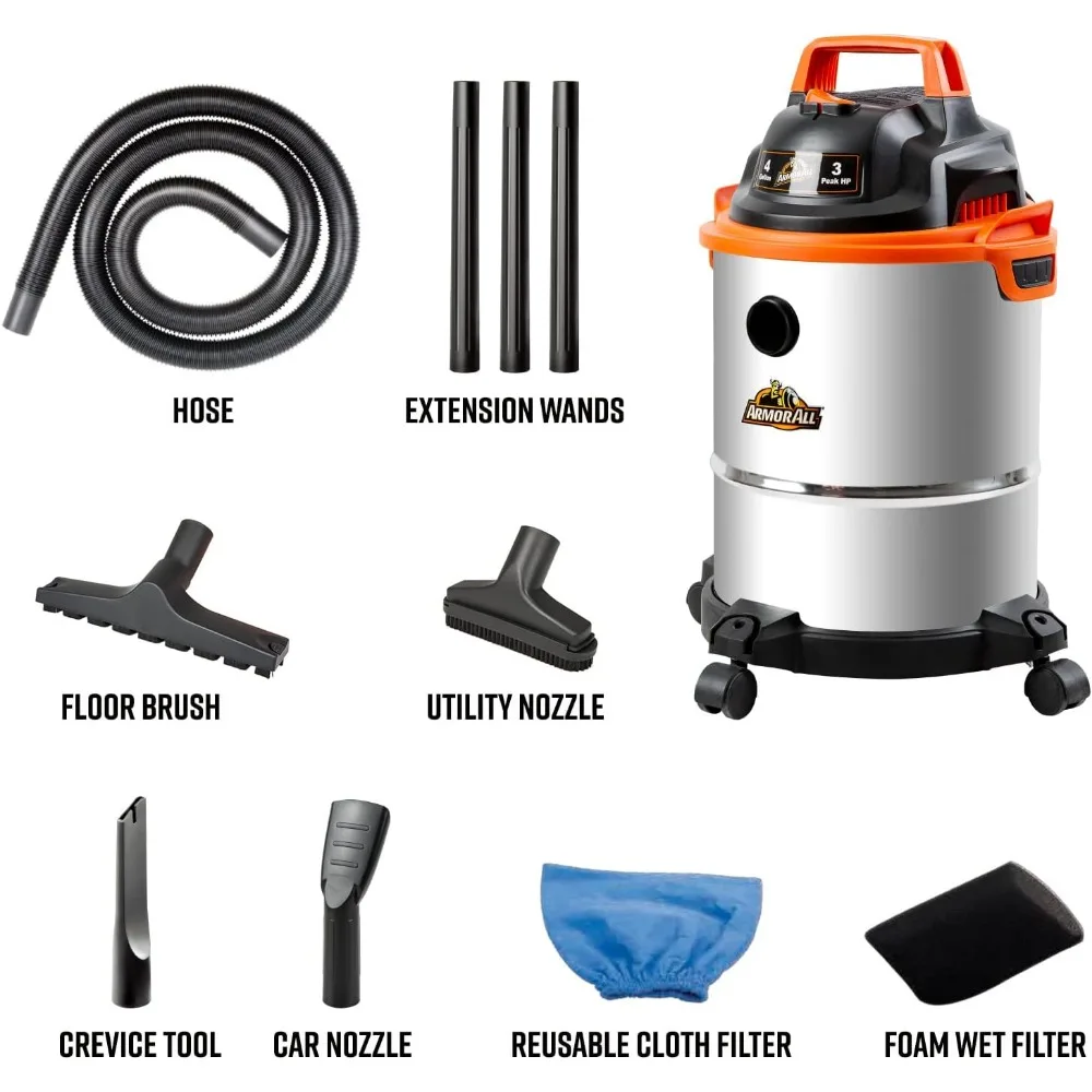 Aspirador húmedo/seco de acero inoxidable de 4 galones y 3 caballos de pico, naranja