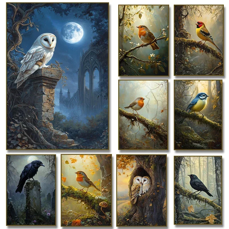 Goldfinch Owl Ravens Robin on Branch Bird Poster Wall Art Canvas Painting Print for Living Room Home Decoration Cuadros