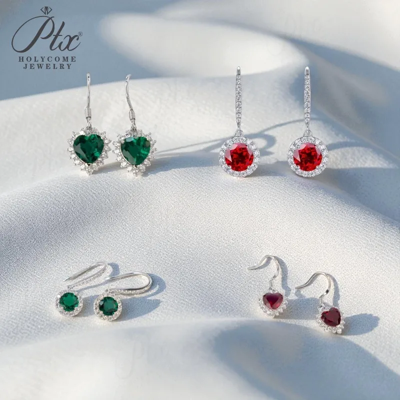

Lab Grown Gemstone Earrings Round or Heart Ruby Colombia S925 Long Ear Studs for Women Thanksgiving Day Christmas Party Gift